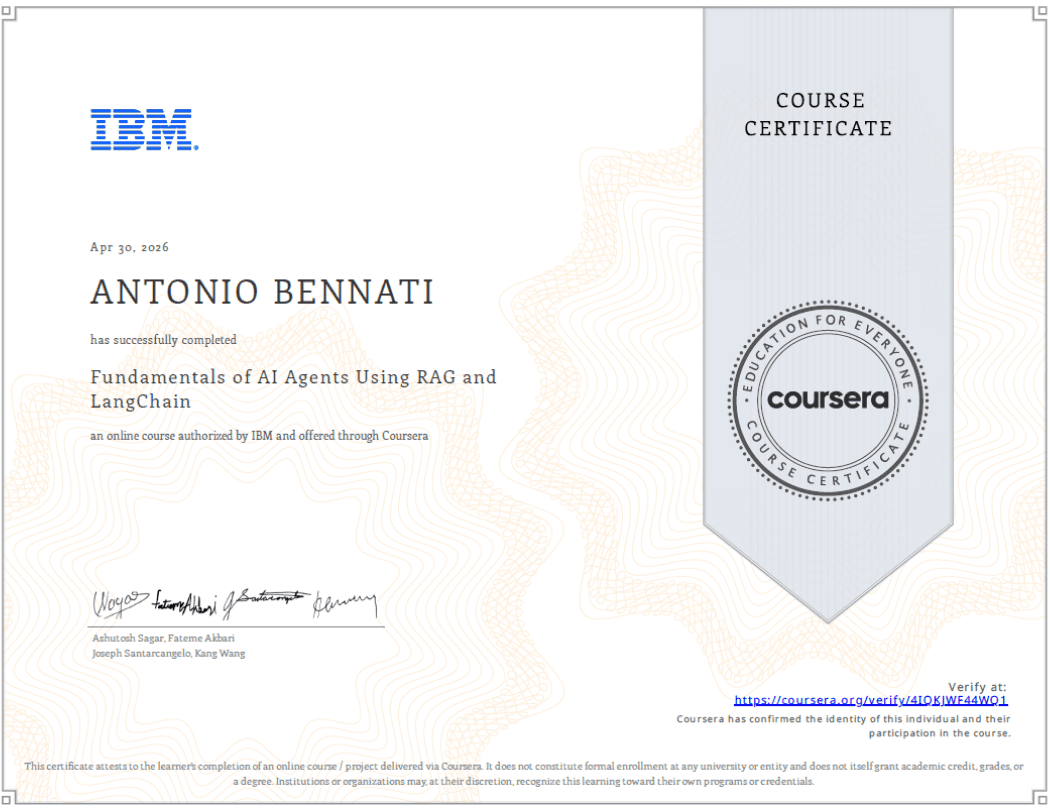IBM · Coursera — Fundamentals of AI Agents, RAG + LangChain